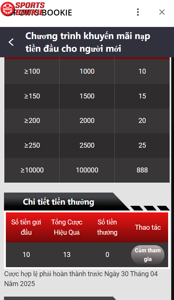 chi tiết thưởng nạp lần đầu tại sportsbookie